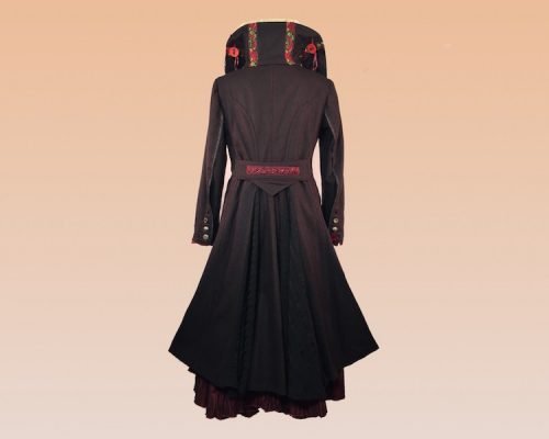 Alternative view of Black Wool Long Coat With Voluminous Collar And Red Accents